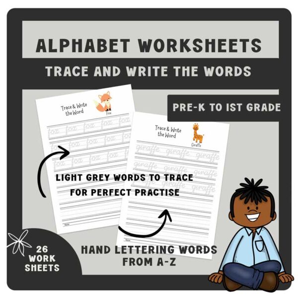 Alphabet Worksheets | Hand lettering Words from A-Z | Trace and Write the Words - Image 2