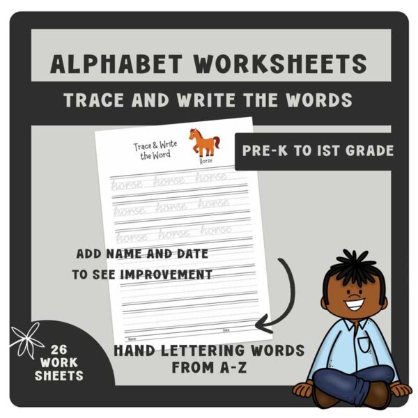 Alphabet Worksheets | Hand lettering Words from A-Z | Trace and Write the Words - Image 3